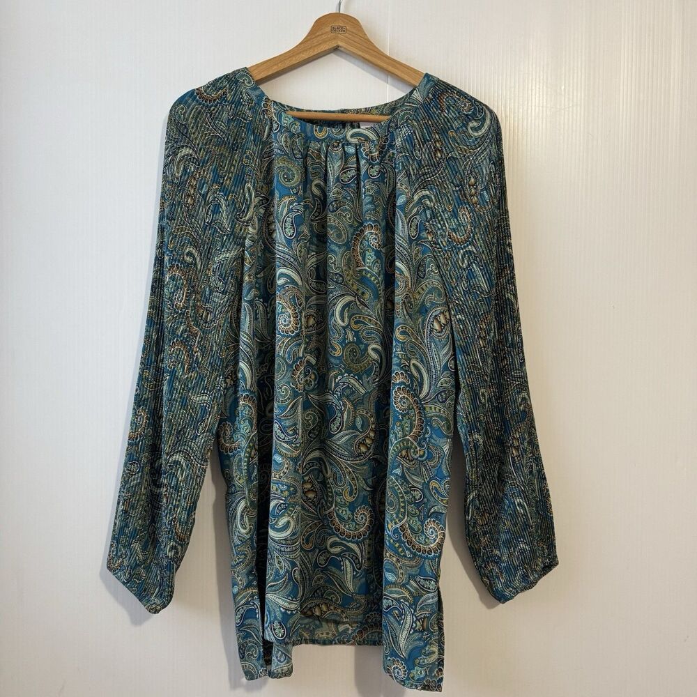J Jill Paisley Pleated-Sleeves Tunic Top Size M Bright Teal Green Women’s